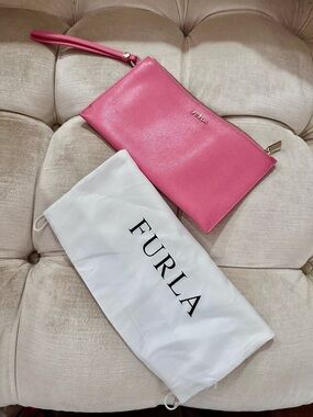 Furla Pink Leather Wristlet Clutch with Removable Strap